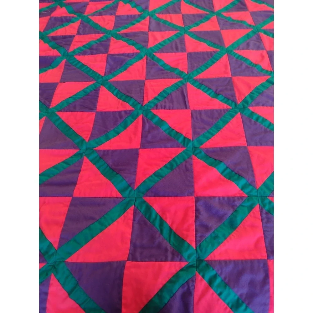 Vtg Neon 70s Cutter Quilt Blanket Handmade Solid Pink Purple Turquoise 60x60